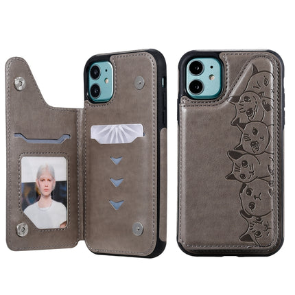 For iPhone 11 Six Cats Embossing Pattern Protective Case with Holder & Card Slots & Photo Frame(Grey)-garmade.com