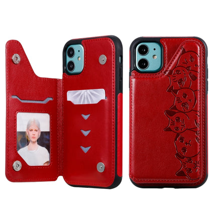 For iPhone 11 Six Cats Embossing Pattern Protective Case with Holder & Card Slots & Photo Frame(Red)-garmade.com