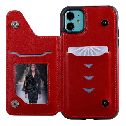 For iPhone 11 Six Cats Embossing Pattern Protective Case with Holder & Card Slots & Photo Frame(Red)-garmade.com