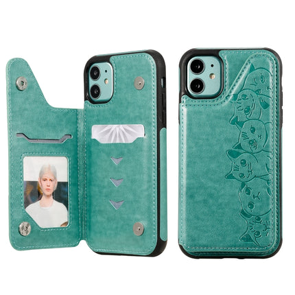 For iPhone 11 Six Cats Embossing Pattern Protective Case with Holder & Card Slots & Photo Frame(Green)-garmade.com