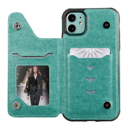For iPhone 11 Six Cats Embossing Pattern Protective Case with Holder & Card Slots & Photo Frame(Green)-garmade.com