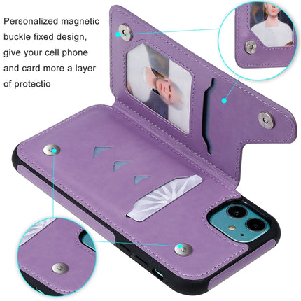 For iPhone 11 Six Cats Embossing Pattern Protective Case with Holder & Card Slots & Photo Frame(Purple)-garmade.com