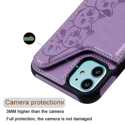 For iPhone 11 Six Cats Embossing Pattern Protective Case with Holder & Card Slots & Photo Frame(Purple)-garmade.com
