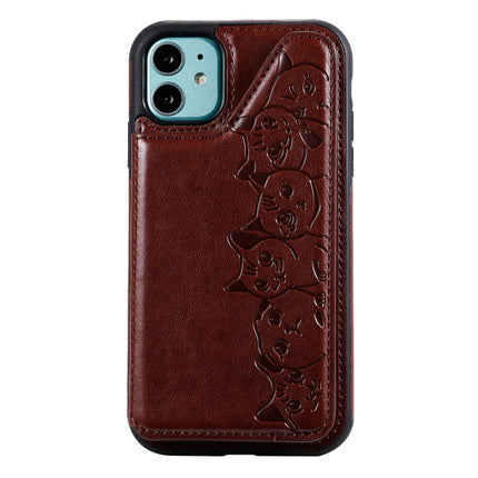 For iPhone 11 Six Cats Embossing Pattern Protective Case with Holder & Card Slots & Photo Frame(Brown)-garmade.com
