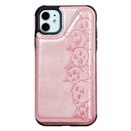 For iPhone 11 Six Cats Embossing Pattern Protective Case with Holder & Card Slots & Photo Frame(Rose Gold)-garmade.com