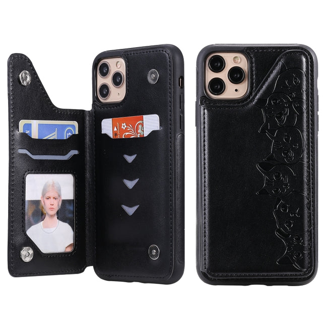 For iPhone 11 Pro Max Six Cats Embossing Pattern Protective Case with Holder & Card Slots & Photo Frame(Black)-garmade.com