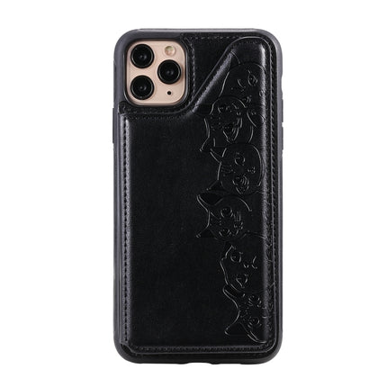 For iPhone 11 Pro Max Six Cats Embossing Pattern Protective Case with Holder & Card Slots & Photo Frame(Black)-garmade.com