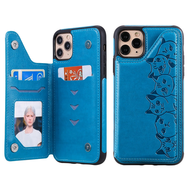 For iPhone 11 Pro Max Six Cats Embossing Pattern Protective Case with Holder & Card Slots & Photo Frame(Blue)-garmade.com