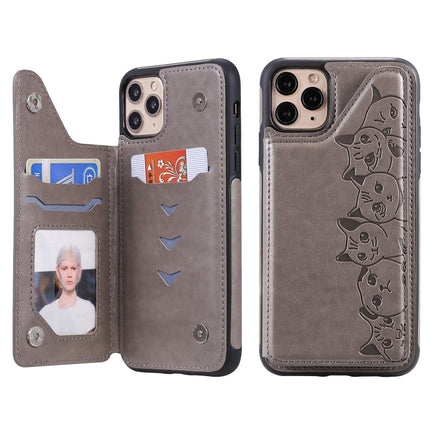 For iPhone 11 Pro Max Six Cats Embossing Pattern Protective Case with Holder & Card Slots & Photo Frame(Grey)-garmade.com