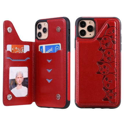 For iPhone 11 Pro Max Six Cats Embossing Pattern Protective Case with Holder & Card Slots & Photo Frame(Red)-garmade.com