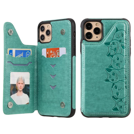 For iPhone 11 Pro Max Six Cats Embossing Pattern Protective Case with Holder & Card Slots & Photo Frame(Green)-garmade.com