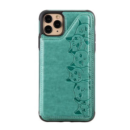 For iPhone 11 Pro Max Six Cats Embossing Pattern Protective Case with Holder & Card Slots & Photo Frame(Green)-garmade.com
