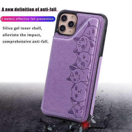 For iPhone 11 Pro Max Six Cats Embossing Pattern Protective Case with Holder & Card Slots & Photo Frame(Purple)-garmade.com