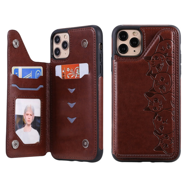 For iPhone 11 Pro Max Six Cats Embossing Pattern Protective Case with Holder & Card Slots & Photo Frame(Brown)-garmade.com