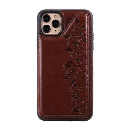 For iPhone 11 Pro Max Six Cats Embossing Pattern Protective Case with Holder & Card Slots & Photo Frame(Brown)-garmade.com