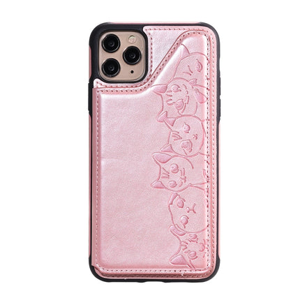 For iPhone 11 Pro Max Six Cats Embossing Pattern Protective Case with Holder & Card Slots & Photo Frame(Rose Gold)-garmade.com
