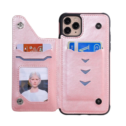For iPhone 11 Pro Max Six Cats Embossing Pattern Protective Case with Holder & Card Slots & Photo Frame(Rose Gold)-garmade.com