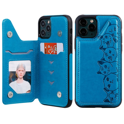 For iPhone 11 Pro Six Cats Embossing Pattern Protective Case with Holder & Card Slots & Photo Frame(Blue)-garmade.com