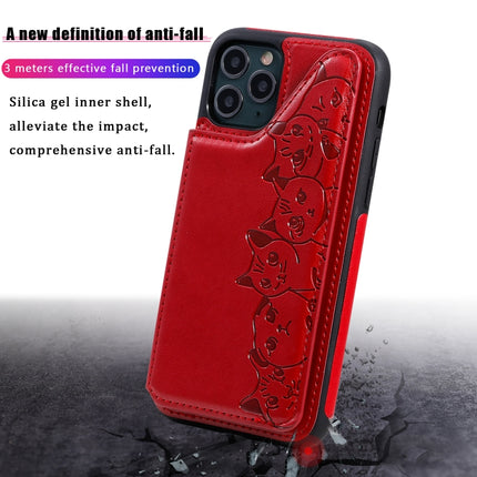For iPhone 11 Pro Six Cats Embossing Pattern Protective Case with Holder & Card Slots & Photo Frame(Blue)-garmade.com