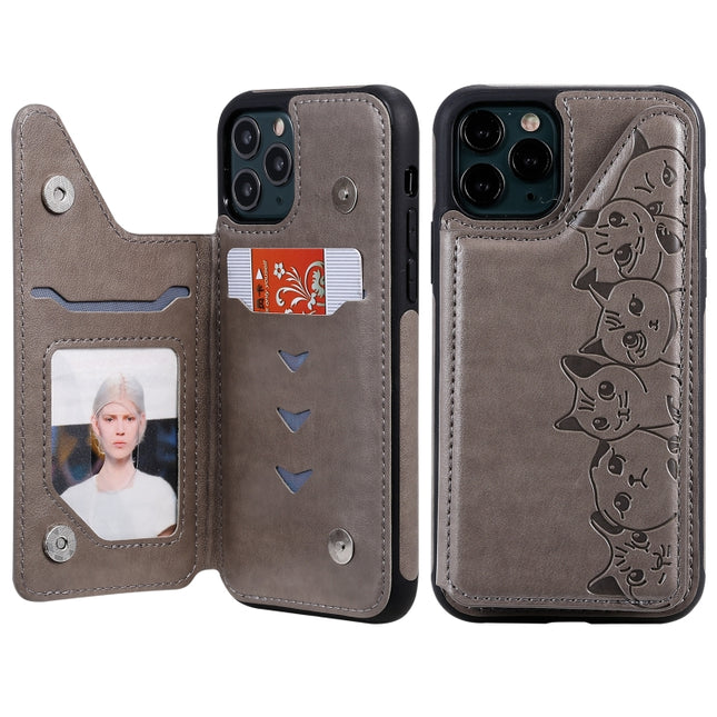 For iPhone 11 Pro Six Cats Embossing Pattern Protective Case with Holder & Card Slots & Photo Frame(Grey)-garmade.com
