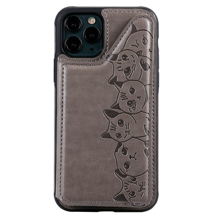 For iPhone 11 Pro Six Cats Embossing Pattern Protective Case with Holder & Card Slots & Photo Frame(Grey)-garmade.com