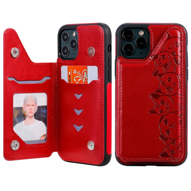 For iPhone 11 Pro Six Cats Embossing Pattern Protective Case with Holder & Card Slots & Photo Frame(Red)-garmade.com