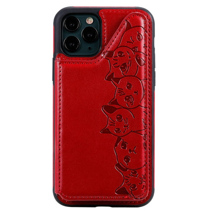 For iPhone 11 Pro Six Cats Embossing Pattern Protective Case with Holder & Card Slots & Photo Frame(Red)-garmade.com