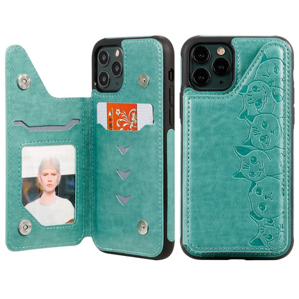 For iPhone 11 Pro Six Cats Embossing Pattern Protective Case with Holder & Card Slots & Photo Frame(Green)-garmade.com