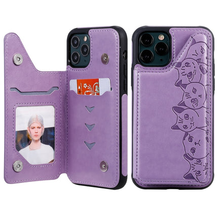 For iPhone 11 Pro Six Cats Embossing Pattern Protective Case with Holder & Card Slots & Photo Frame(Purple)-garmade.com
