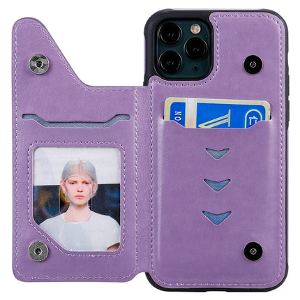 For iPhone 11 Pro Six Cats Embossing Pattern Protective Case with Holder & Card Slots & Photo Frame(Purple)-garmade.com