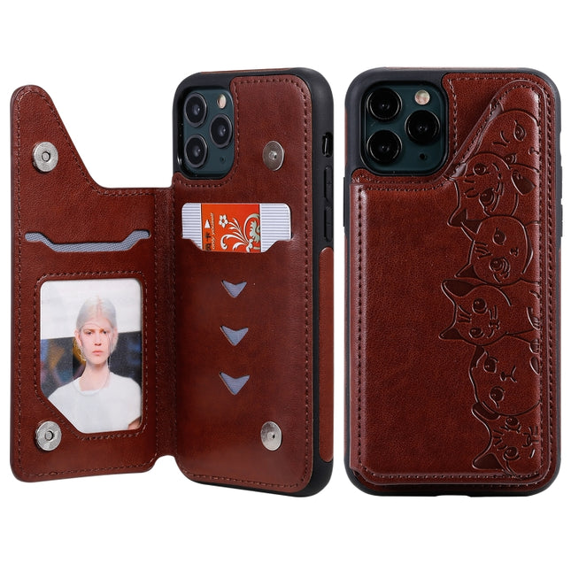 For iPhone 11 Pro Six Cats Embossing Pattern Protective Case with Holder & Card Slots & Photo Frame(Brown)-garmade.com