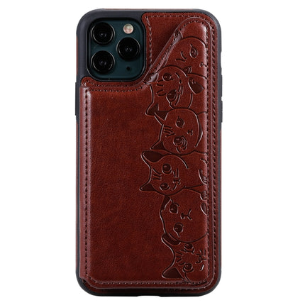For iPhone 11 Pro Six Cats Embossing Pattern Protective Case with Holder & Card Slots & Photo Frame(Brown)-garmade.com