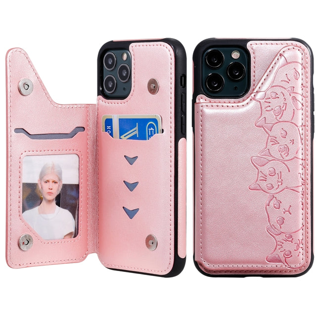 For iPhone 11 Pro Six Cats Embossing Pattern Protective Case with Holder & Card Slots & Photo Frame(Rose Gold)-garmade.com