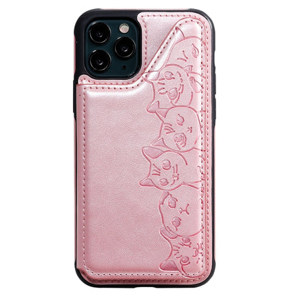 For iPhone 11 Pro Six Cats Embossing Pattern Protective Case with Holder & Card Slots & Photo Frame(Rose Gold)-garmade.com