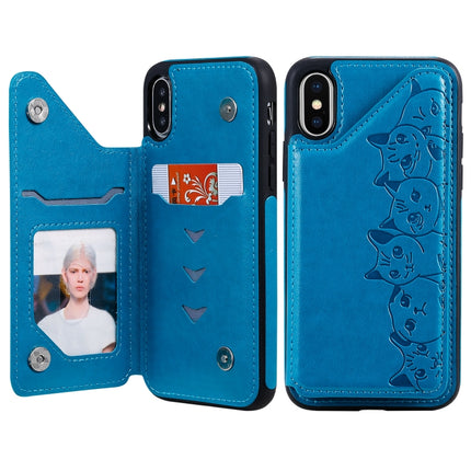 For iPhone X Six Cats Embossing Pattern Protective Case with Holder & Card Slots & Photo Frame(Blue)-garmade.com