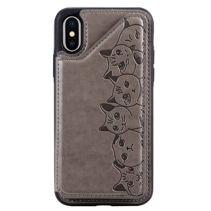 For iPhone X Six Cats Embossing Pattern Protective Case with Holder & Card Slots & Photo Frame(Grey)-garmade.com