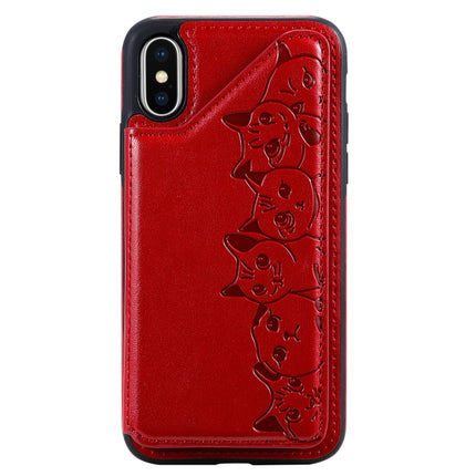 For iPhone X Six Cats Embossing Pattern Protective Case with Holder & Card Slots & Photo Frame(Red)-garmade.com