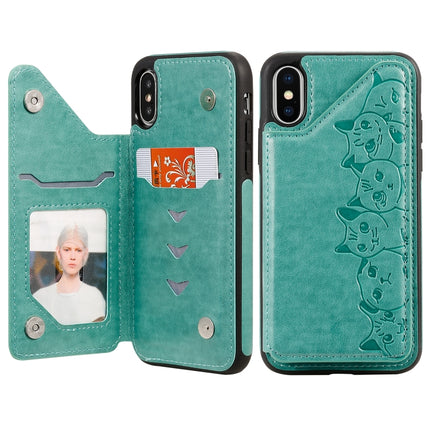 For iPhone X Six Cats Embossing Pattern Protective Case with Holder & Card Slots & Photo Frame(Green)-garmade.com