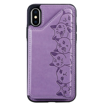 For iPhone X Six Cats Embossing Pattern Protective Case with Holder & Card Slots & Photo Frame(Purple)-garmade.com