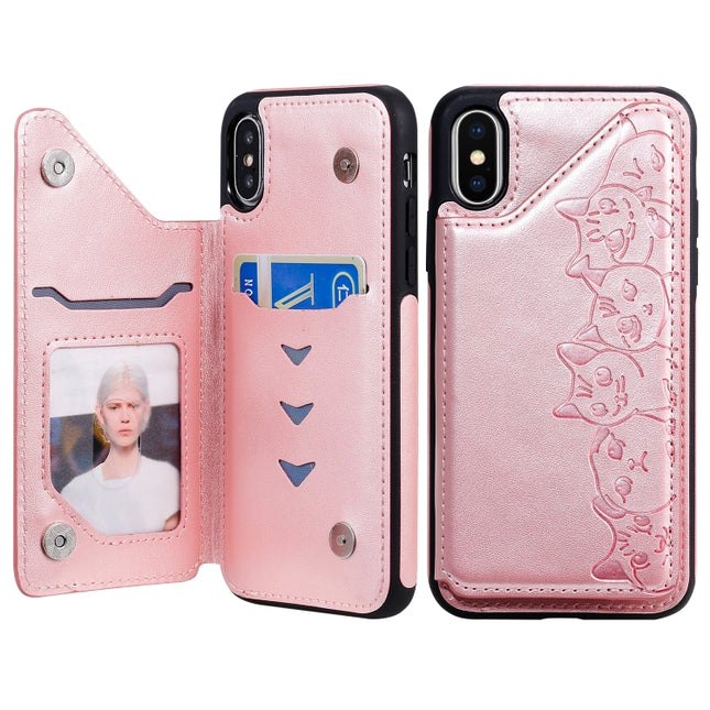 For iPhone X Six Cats Embossing Pattern Protective Case with Holder & Card Slots & Photo Frame(Rose Gold)-garmade.com
