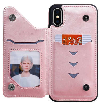 For iPhone X Six Cats Embossing Pattern Protective Case with Holder & Card Slots & Photo Frame(Rose Gold)-garmade.com
