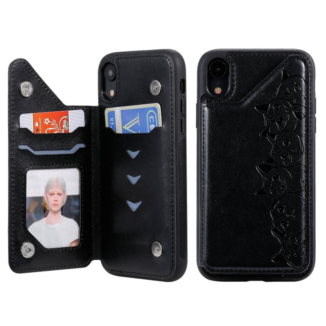 For iPhone XR Six Cats Embossing Pattern Protective Case with Holder & Card Slots & Photo Frame(Black)-garmade.com