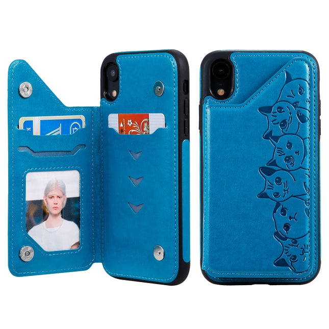 For iPhone XR Six Cats Embossing Pattern Protective Case with Holder & Card Slots & Photo Frame(Blue)-garmade.com