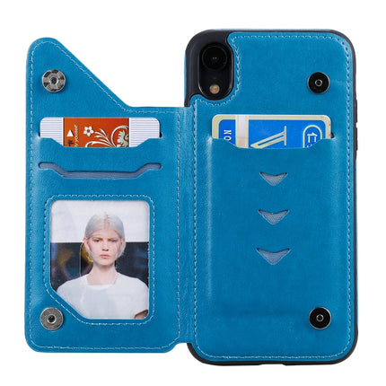 For iPhone XR Six Cats Embossing Pattern Protective Case with Holder & Card Slots & Photo Frame(Blue)-garmade.com