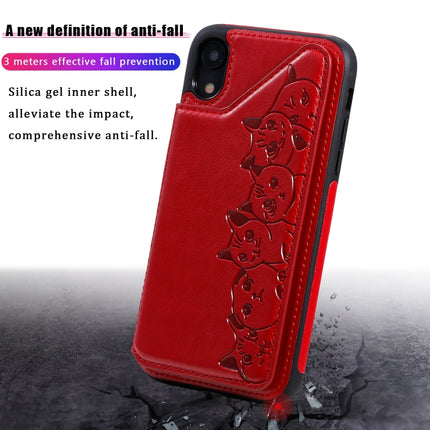 For iPhone XR Six Cats Embossing Pattern Protective Case with Holder & Card Slots & Photo Frame(Blue)-garmade.com