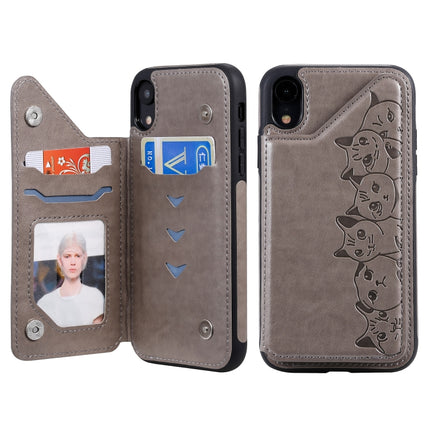 For iPhone XR Six Cats Embossing Pattern Protective Case with Holder & Card Slots & Photo Frame(Grey)-garmade.com