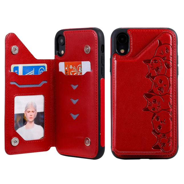 For iPhone XR Six Cats Embossing Pattern Protective Case with Holder & Card Slots & Photo Frame(Red)-garmade.com