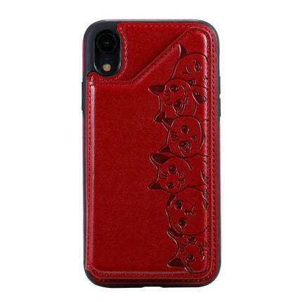 For iPhone XR Six Cats Embossing Pattern Protective Case with Holder & Card Slots & Photo Frame(Red)-garmade.com