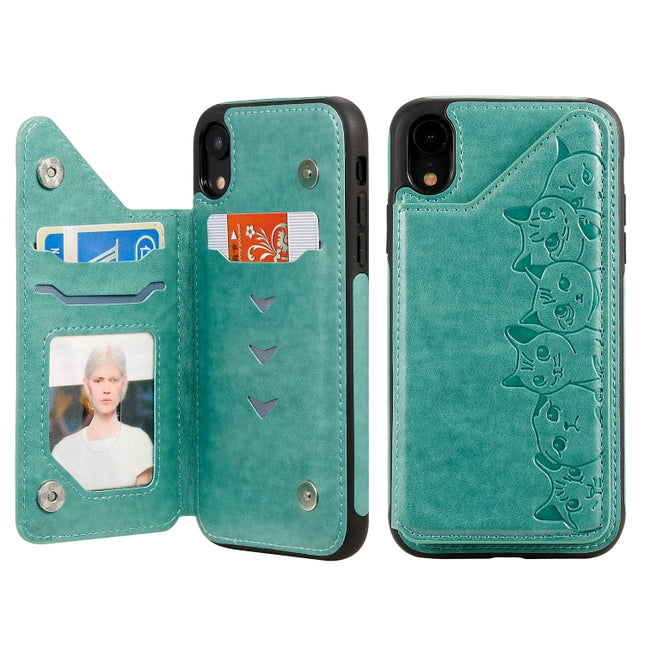 For iPhone XR Six Cats Embossing Pattern Protective Case with Holder & Card Slots & Photo Frame(Green)-garmade.com
