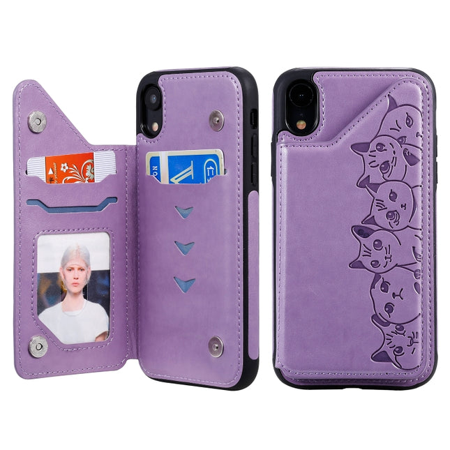 For iPhone XR Six Cats Embossing Pattern Protective Case with Holder & Card Slots & Photo Frame(Purple)-garmade.com